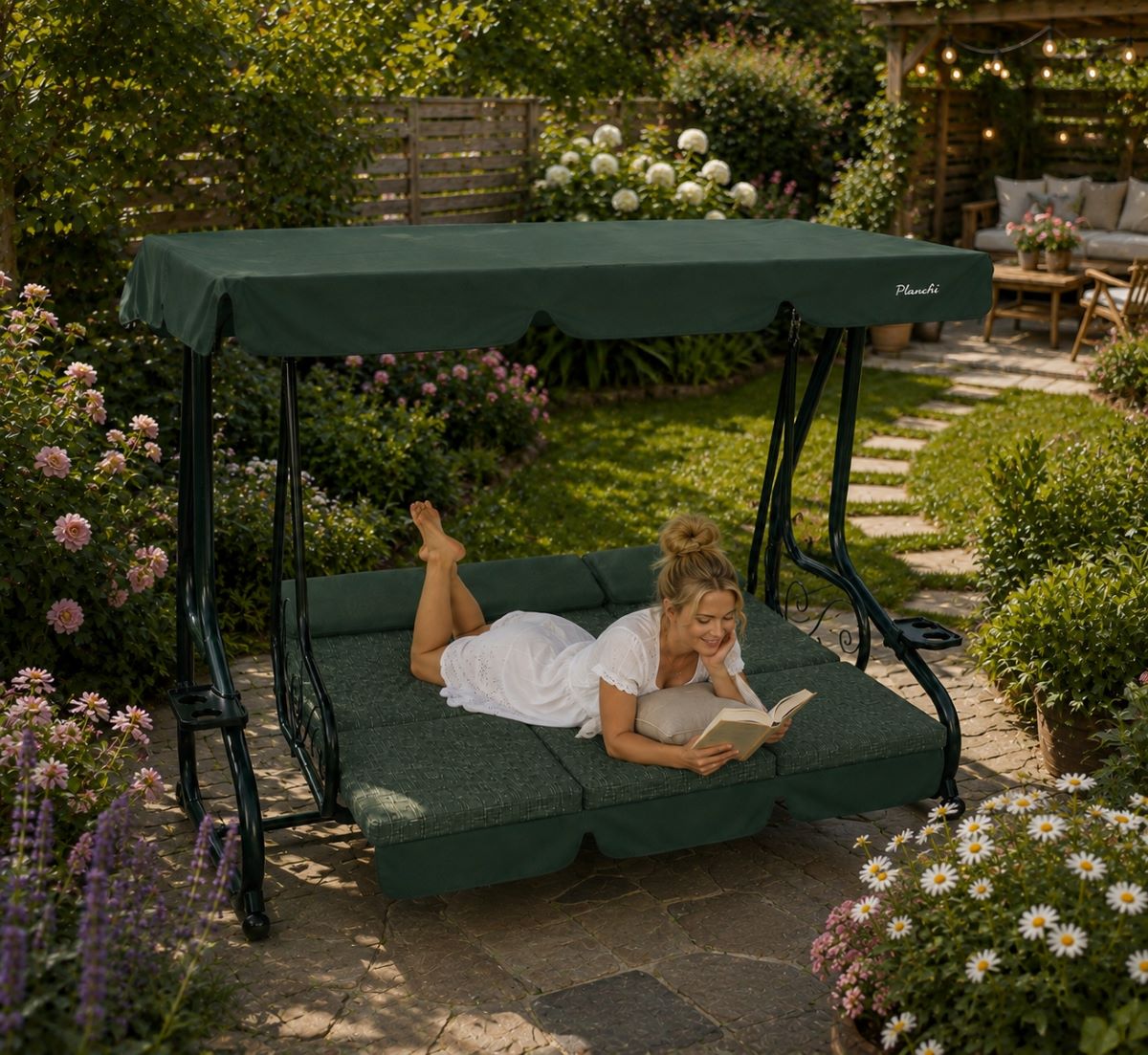 GardenLine Zahradní houpačka s lůžkem a držáky na nápoje SORENTINO Mesh Green zelená 5